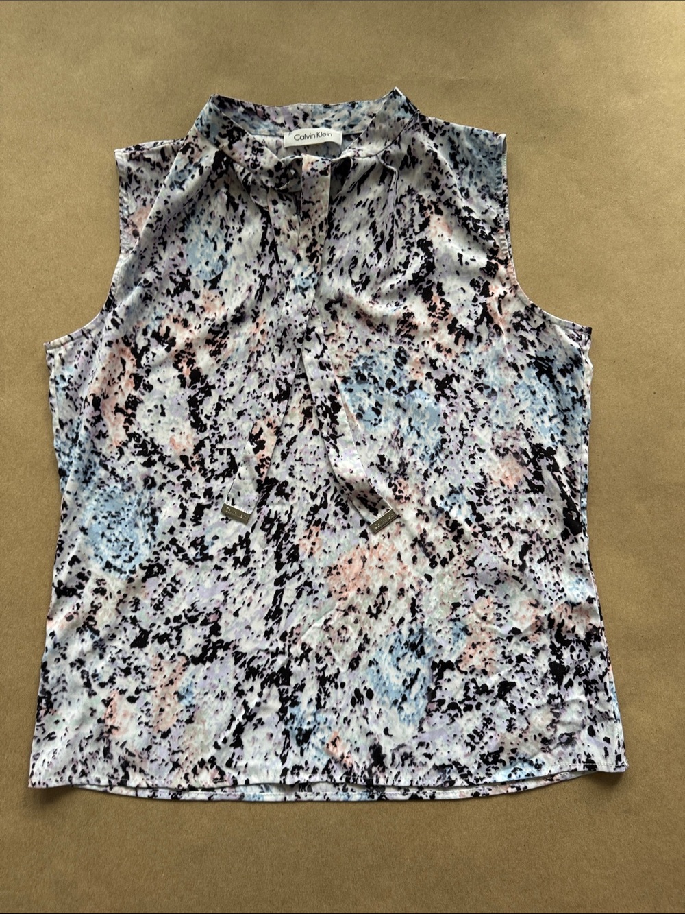 Calvin Klein Sleeveless Tie-Neck Camisole in Black and Pastel Multi